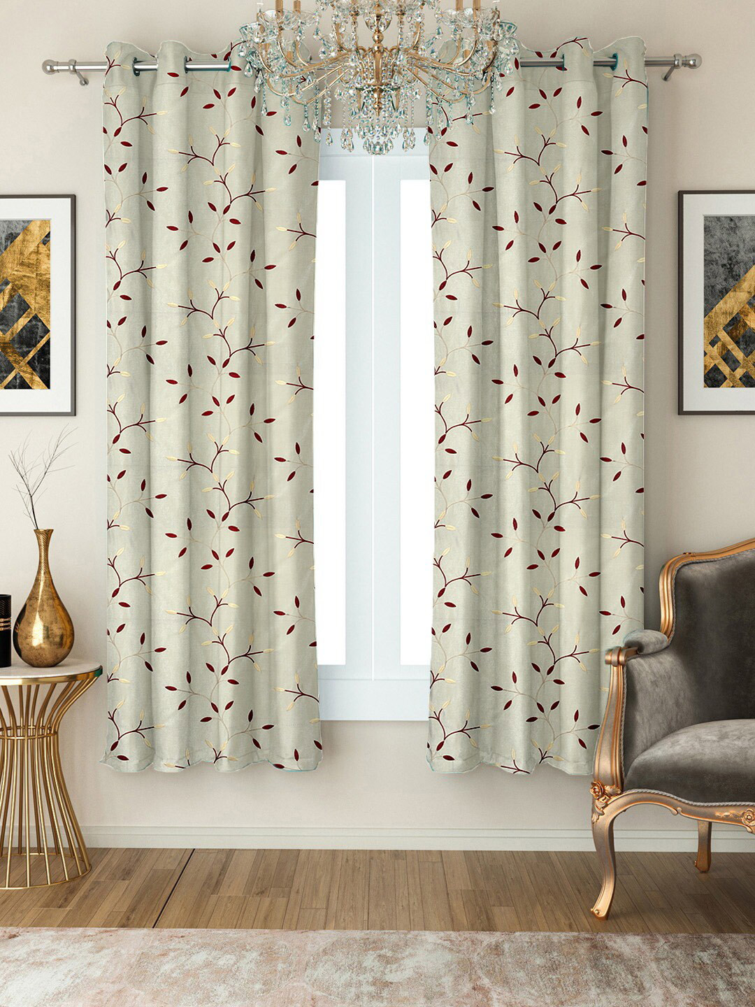 Cortina Off White & Maroon Set of 2 Floral Window Curtain