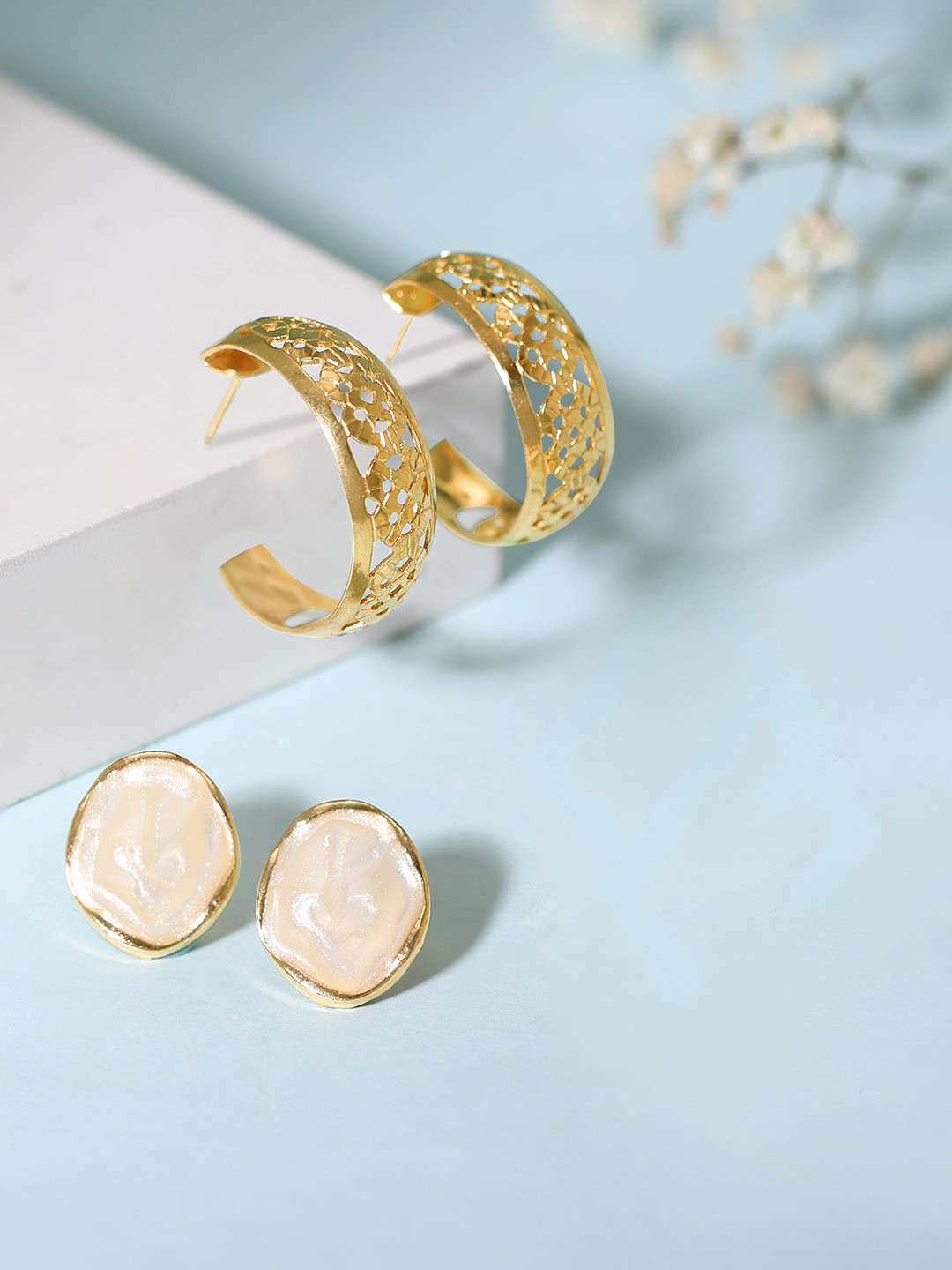 Tokyo Talkies X Rubans Gold Plated Handcrafted Set Of 2 Stud And Hoop Earrings