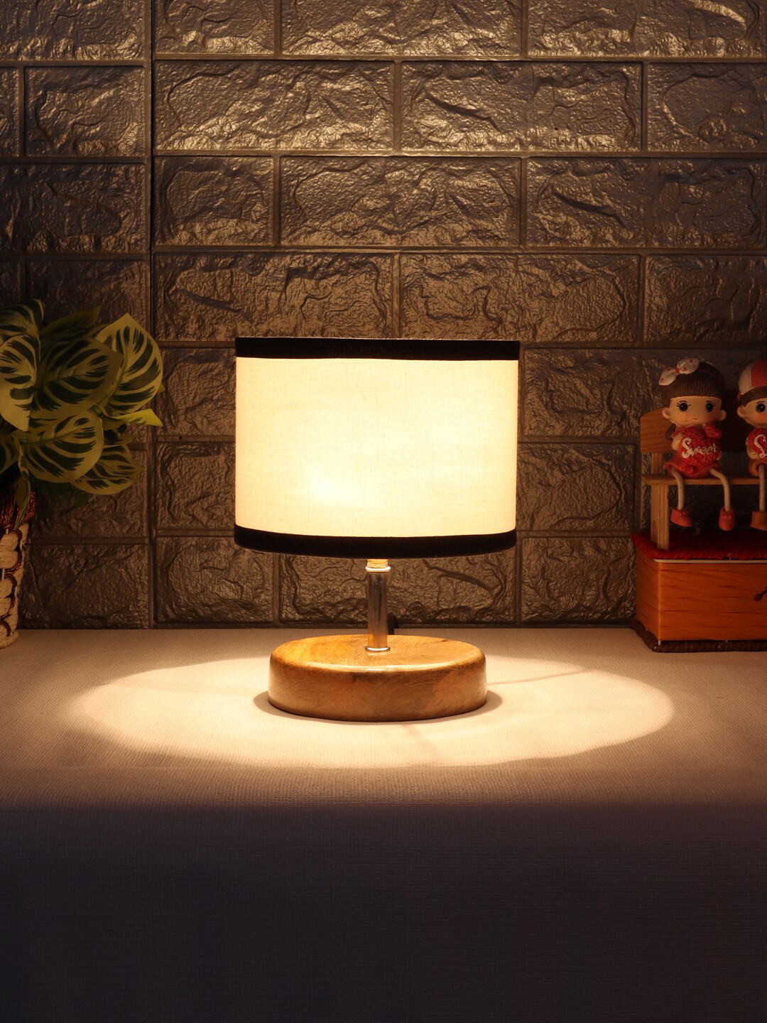 Devansh White & Beige Wooden Table Lamp with Cotton Shade