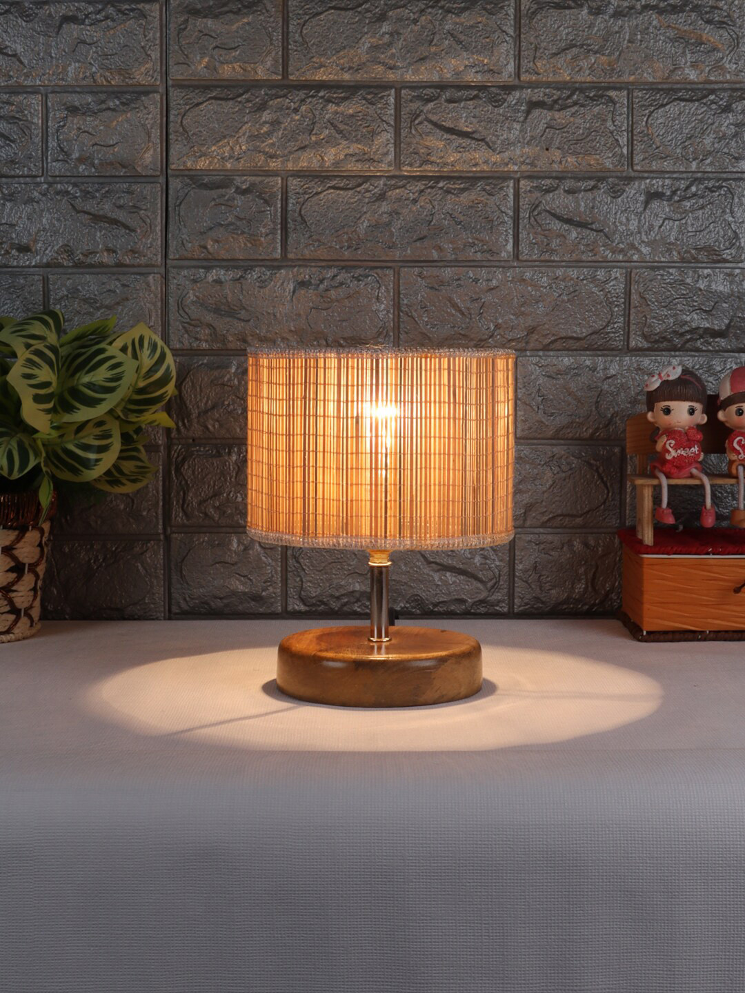 Devansh Beige Wood Table lamp With Bamboo Shade
