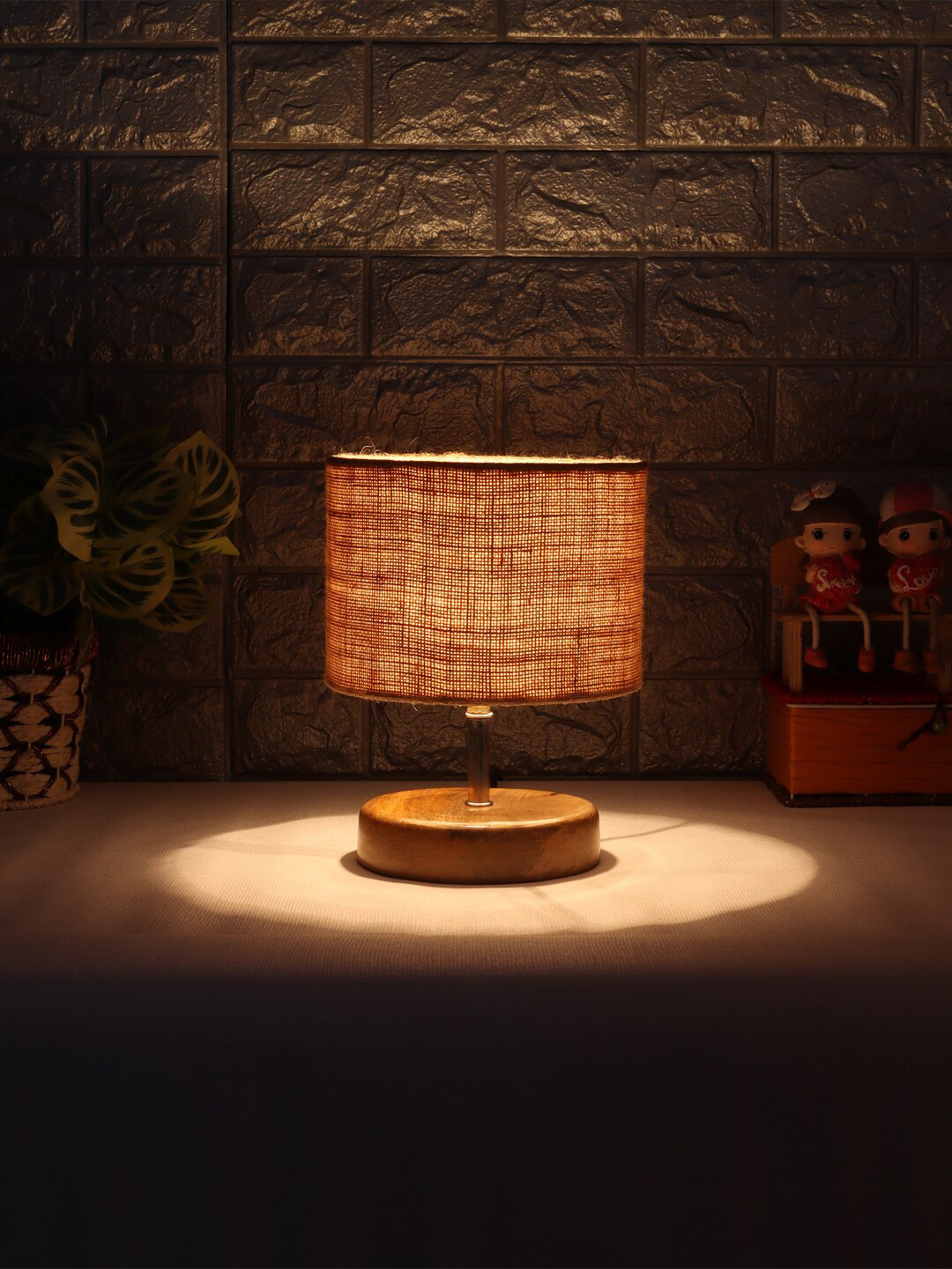 Devansh Beige Wood Table Lamp With Beige Jute Shade