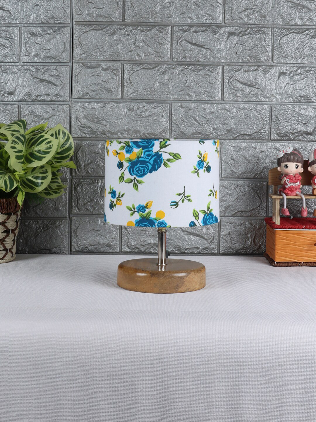 Devansh White & Blue Wooden Table Lamp with Cotton Floral Print Shade