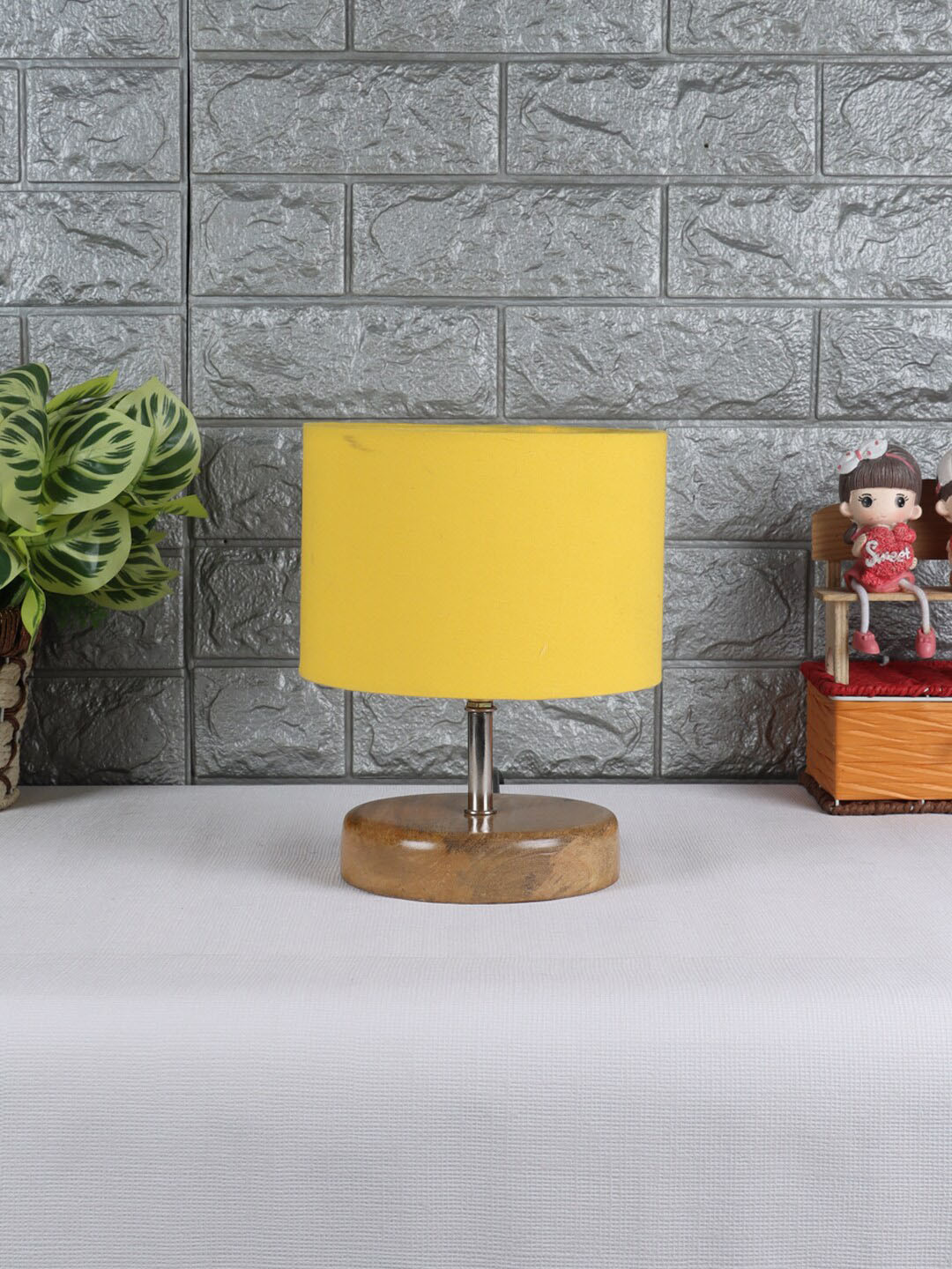 Devansh Beige & Yellow Wooden Table Lamp with Cotton Shade