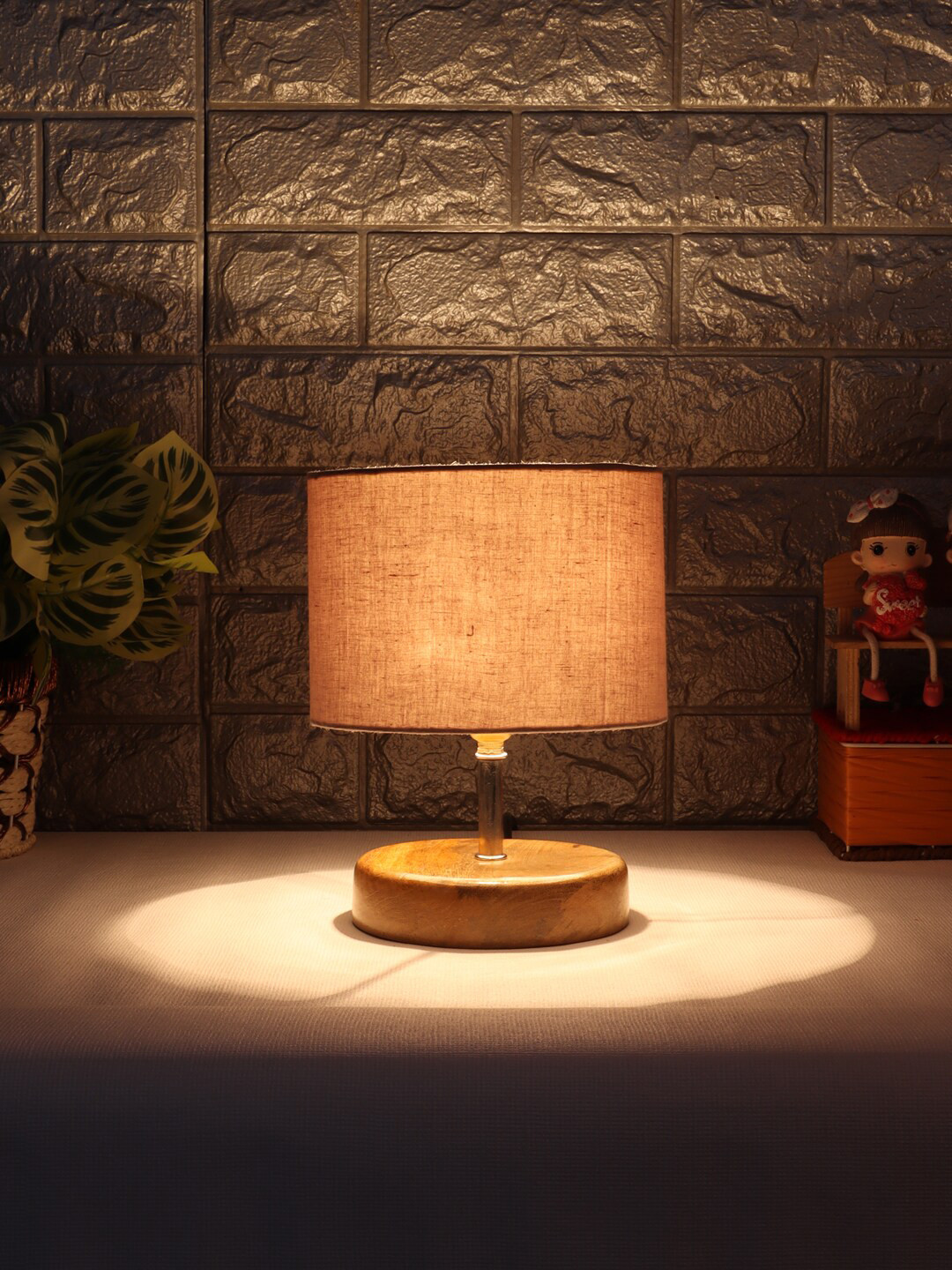 Devansh Grey Wood Table Lamp With Cotton Shade