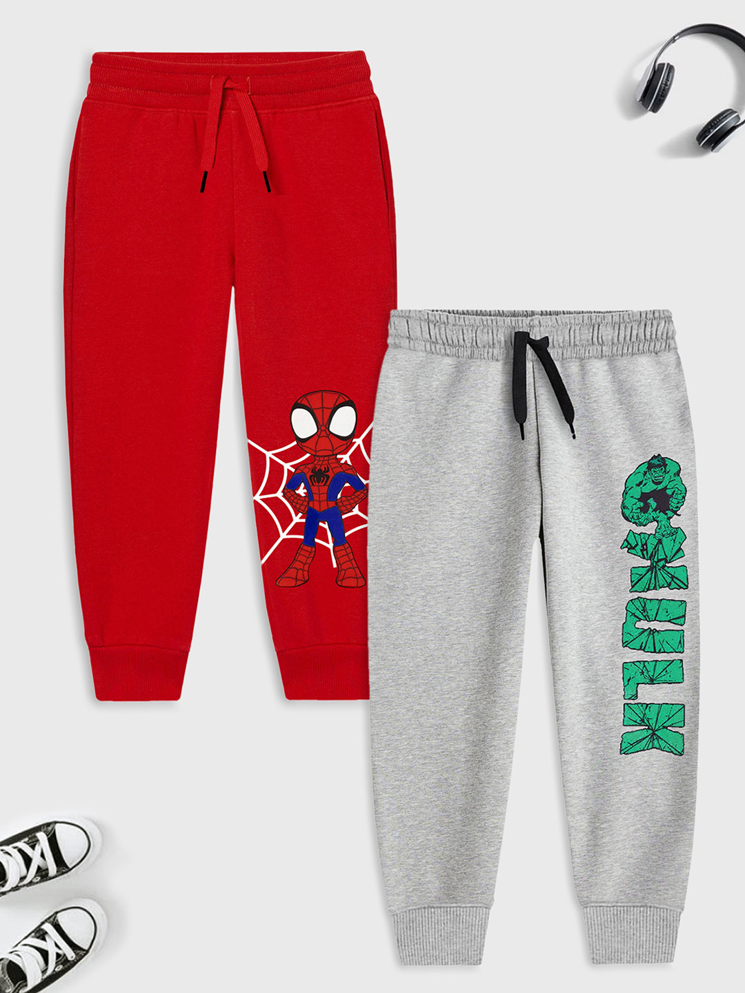 YK Marvel Boys Red & Grey Pack Of 2 Hulk & Spiderman Printed Joggers