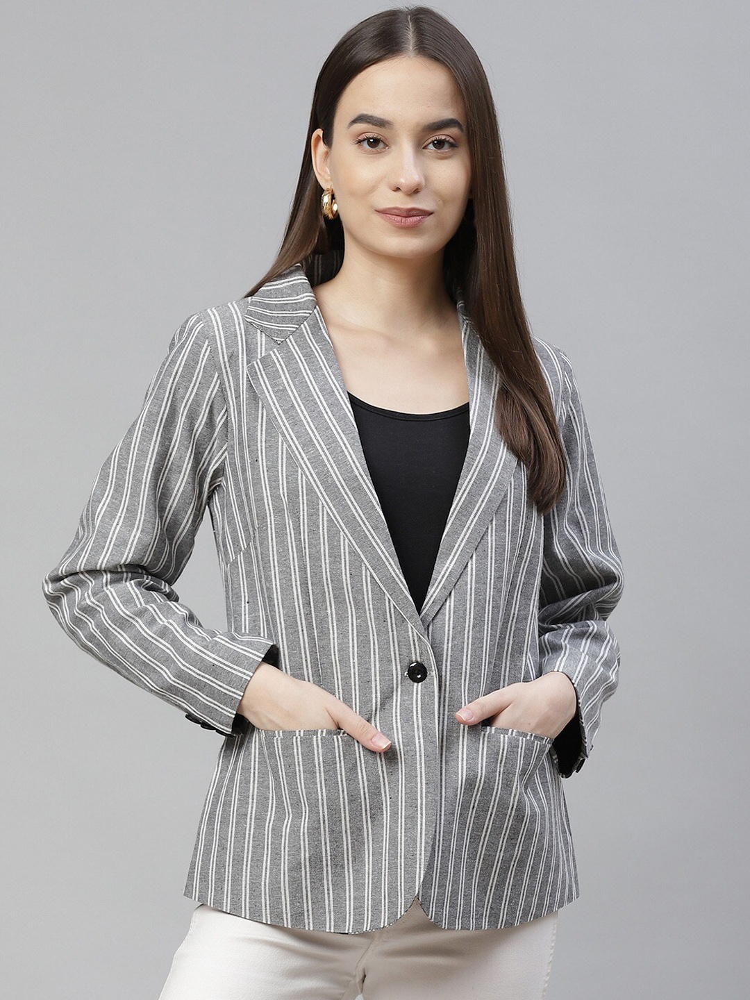 Buy Cottinfab Women Grey White Striped Pure Cotton Single Breasted Casual Blazer Blazers for Women 17071202 Myntra