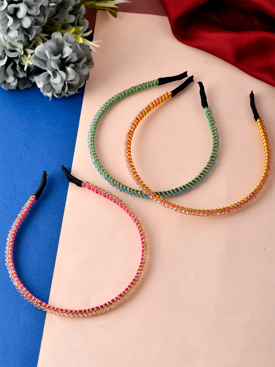 Silvermerc Designs Women Pink & Yellow Set of 3 Spiral Hairband