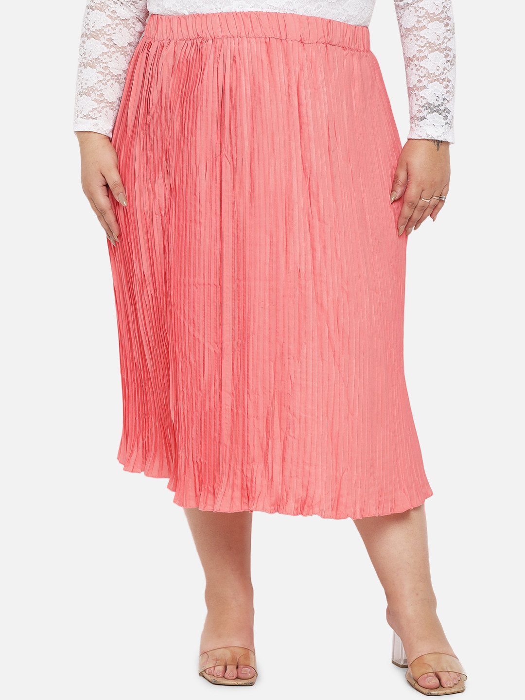 Indietoga Women Plus Size Peach Accordian Pleated Solid A-Line Midi Skirt