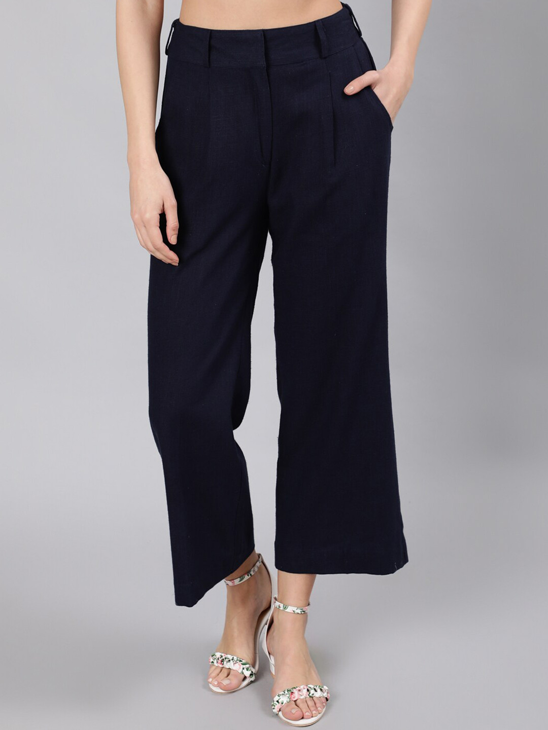 Jaipur Kurti Women Navy Blue Flared High-Rise Pleated Trousers