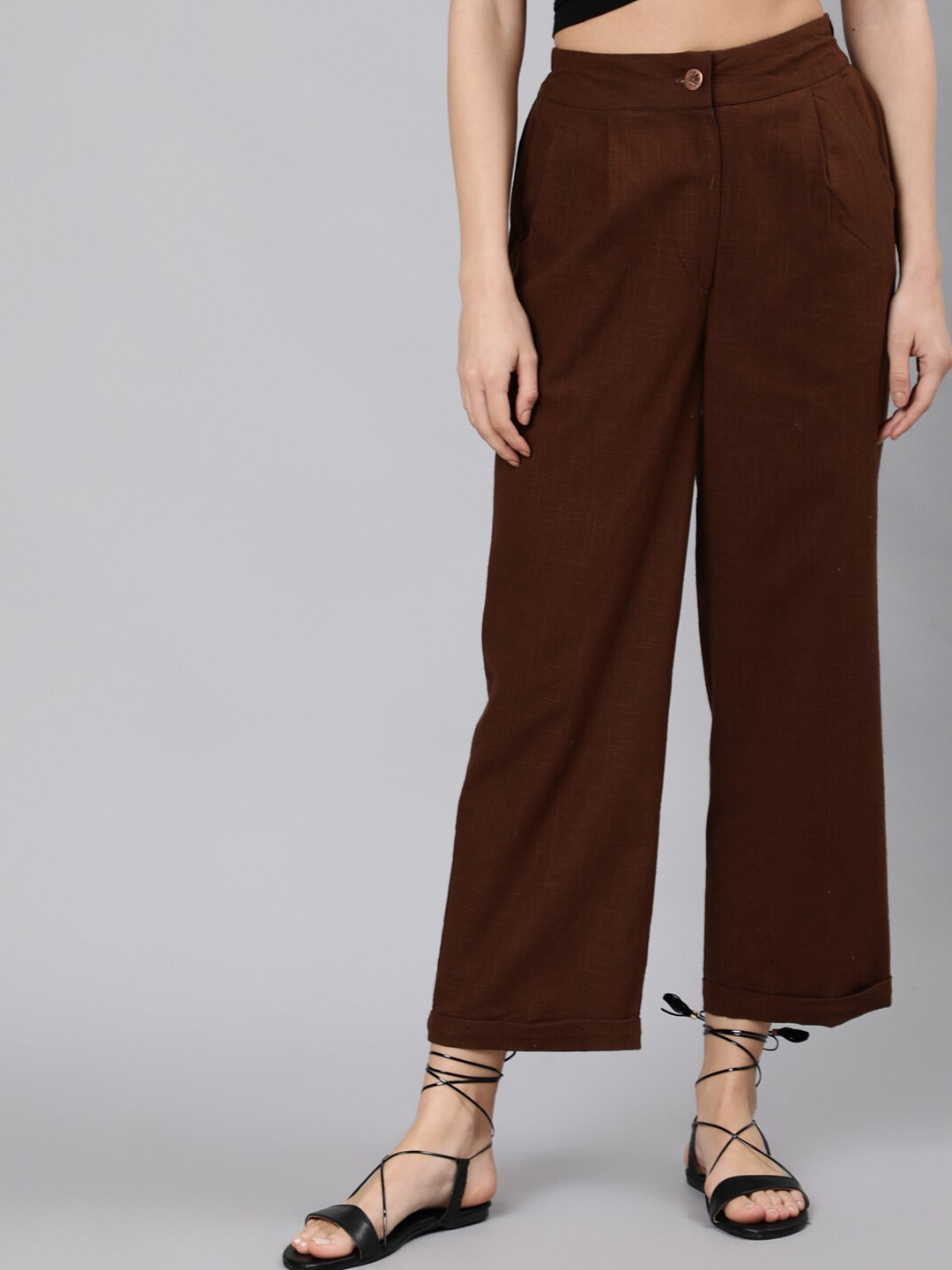 Jaipur Kurti Women Brown Straight Fit High-Rise Pleated Trousers