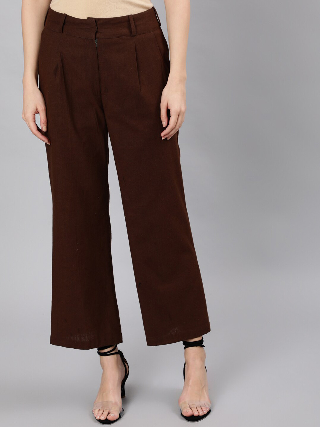Jaipur Kurti Women Brown Flared High-Rise Pleated Trousers