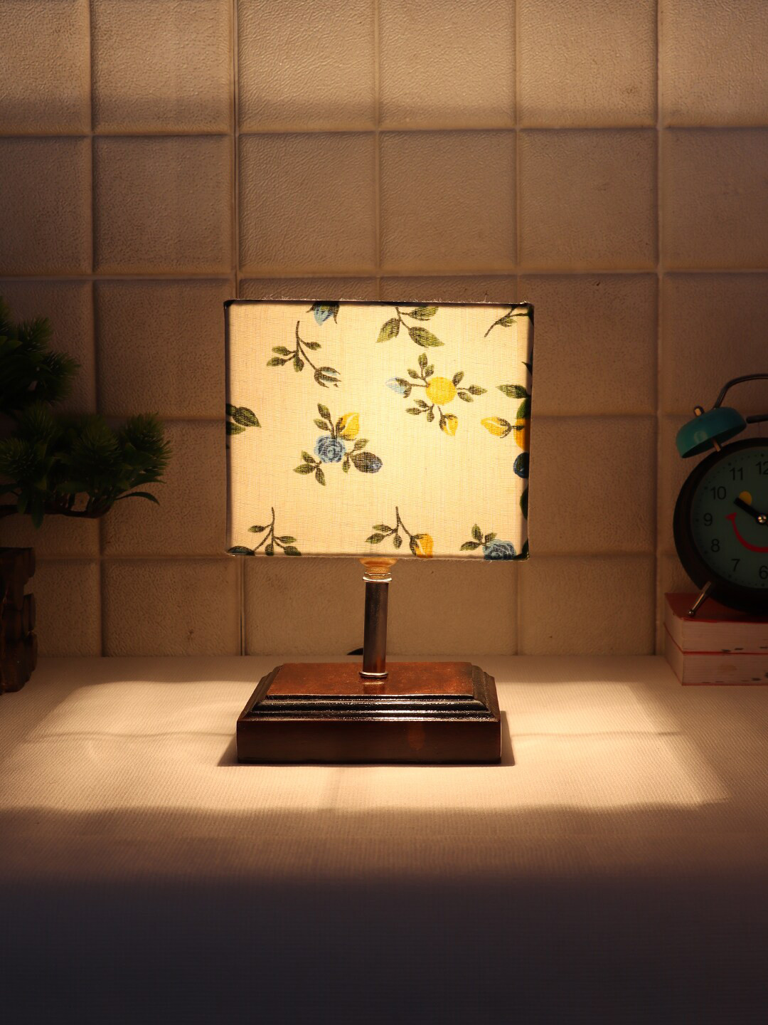 Devansh White Printed Wood Table Lamp Cotton  Shade