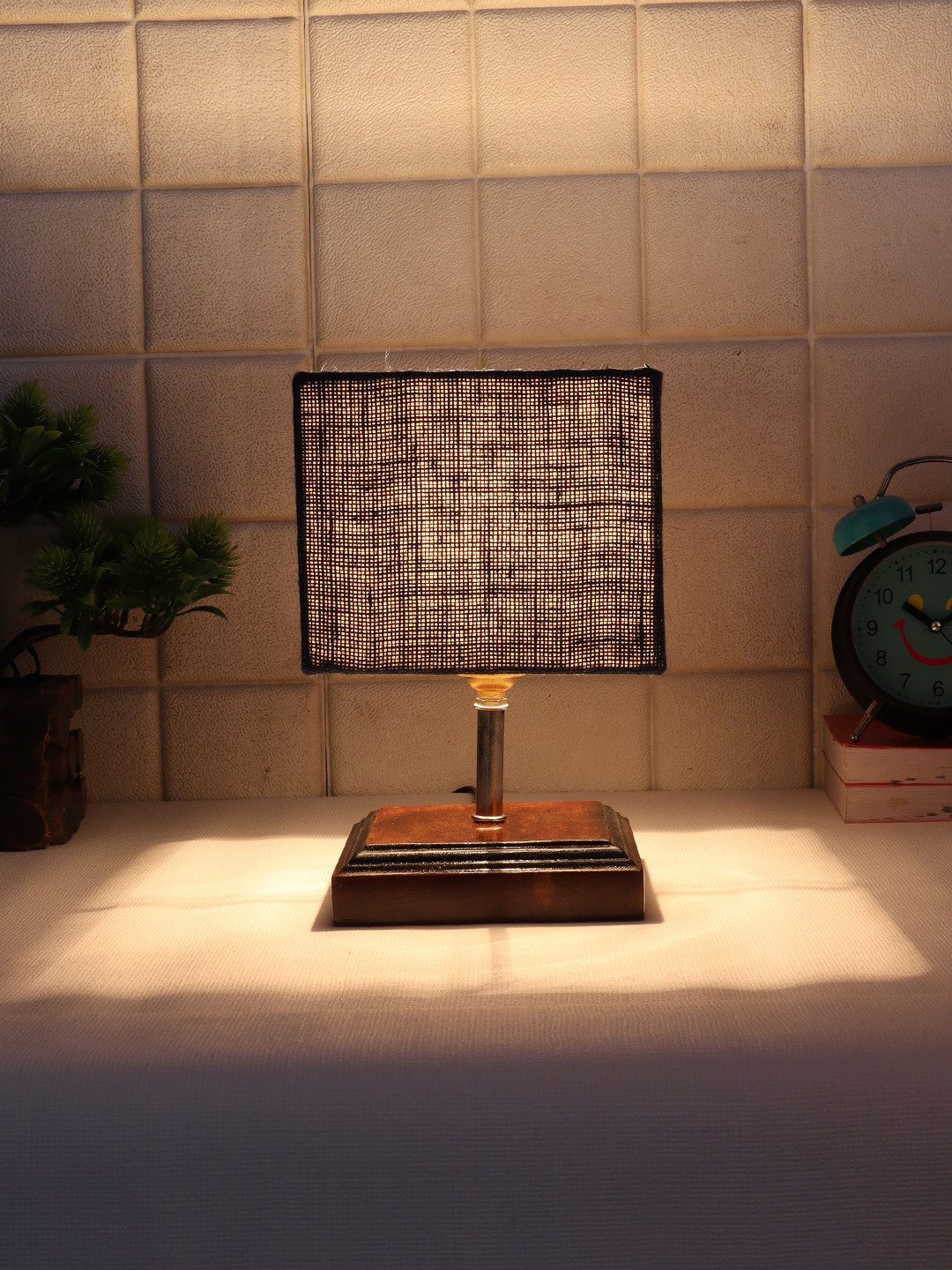 Devansh Navy Blue Contemporary Table Lamp With Jute Shade