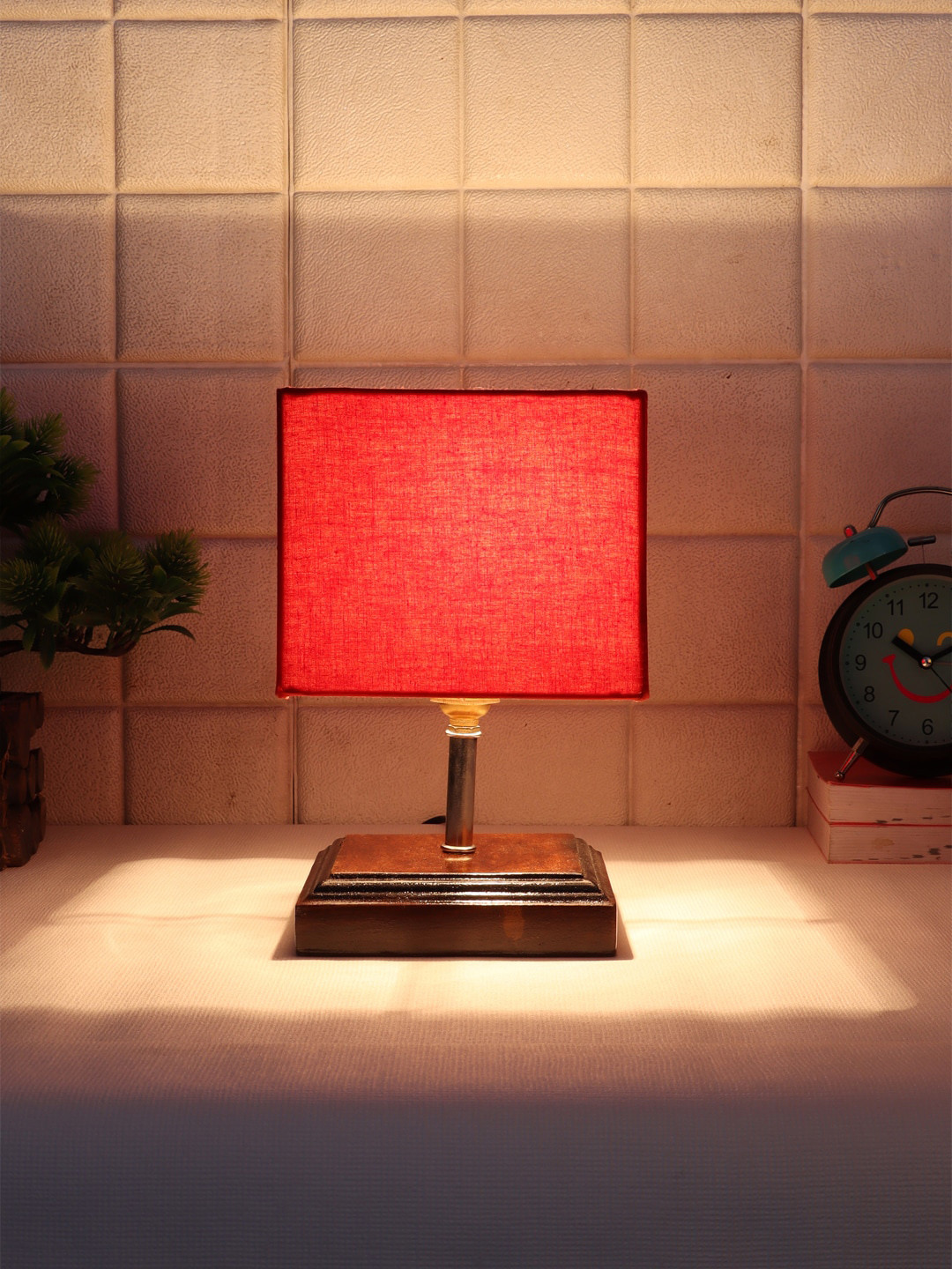 Devansh Brown & Red Wooden Table Lamp with Cotton Square Shade