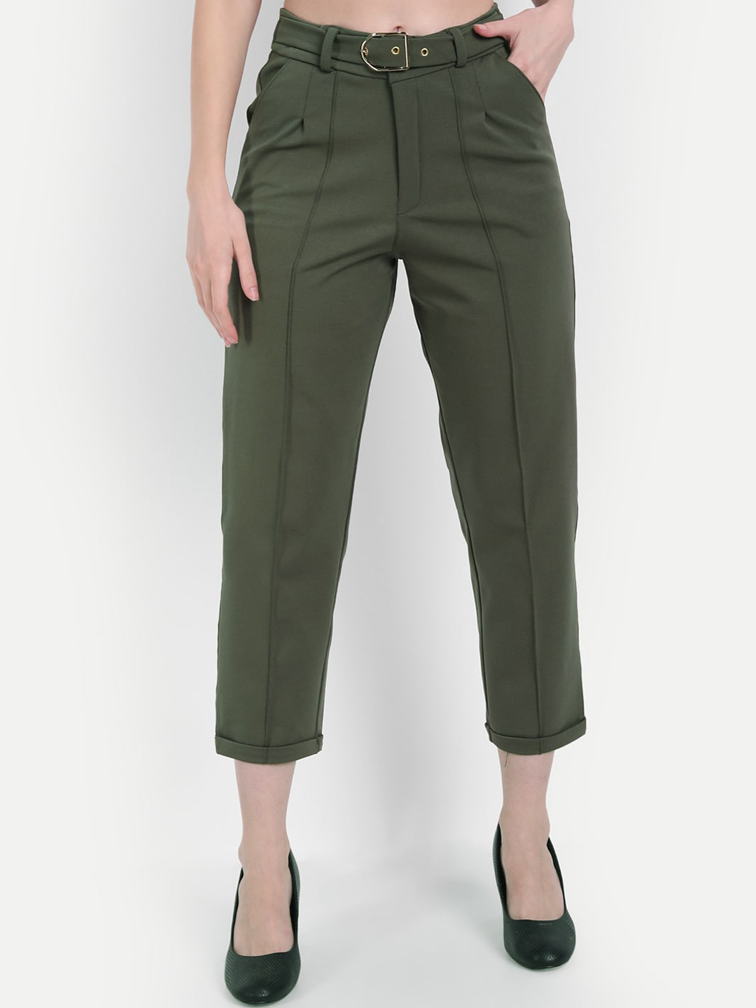 BROADSTAR Women Green Straight Fit High-Rise Non Iron Trousers