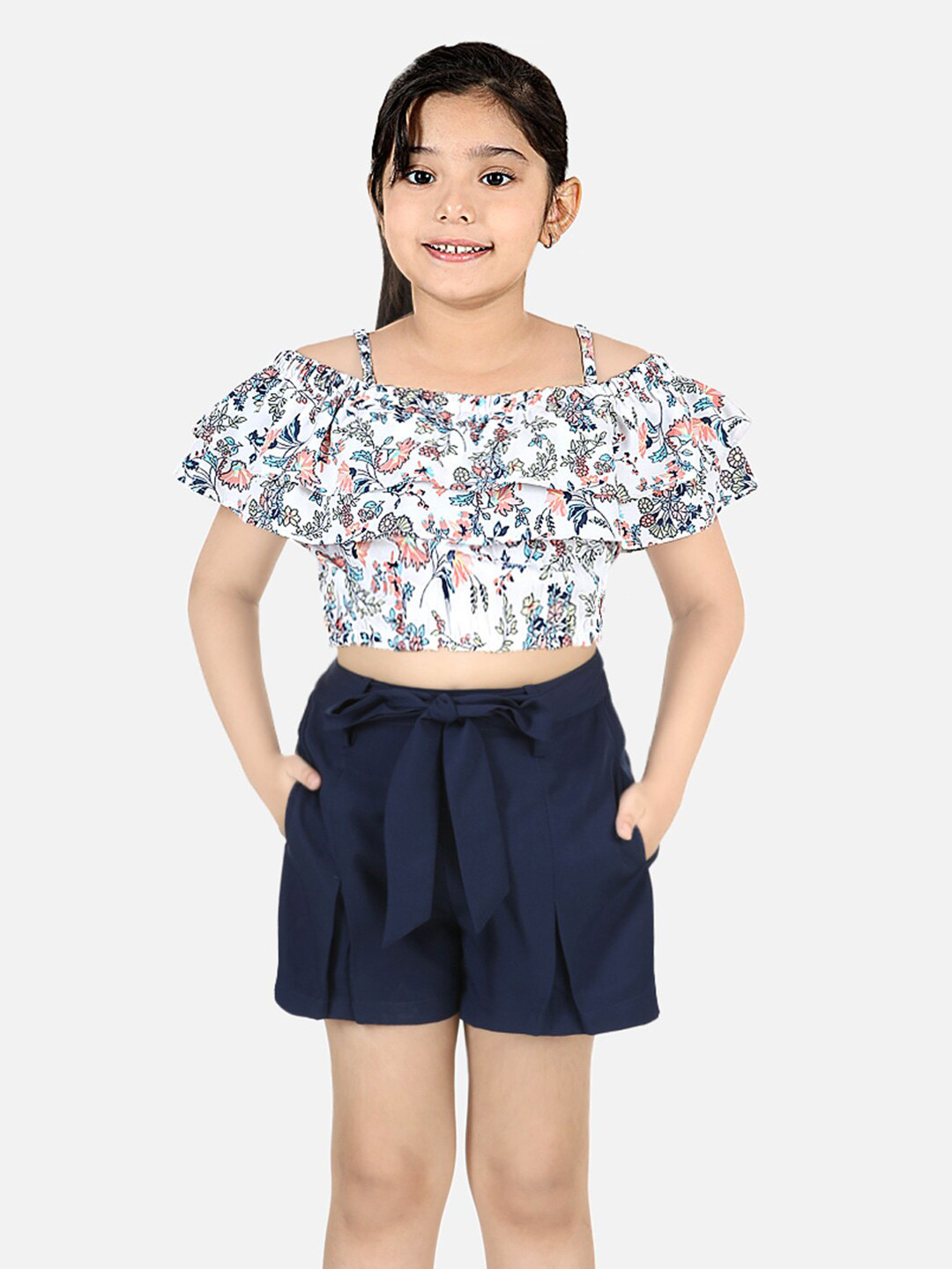 Naughty Ninos Girls Off-White Printed Top with Navy Blue Short