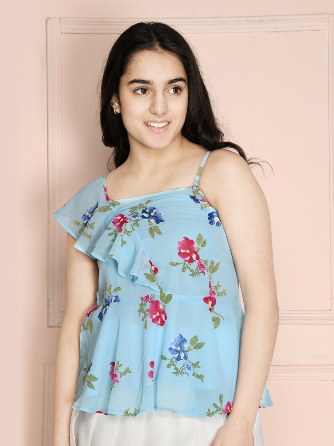 LilPicks Girls Blue Floral Print Frilled Crepe Top
