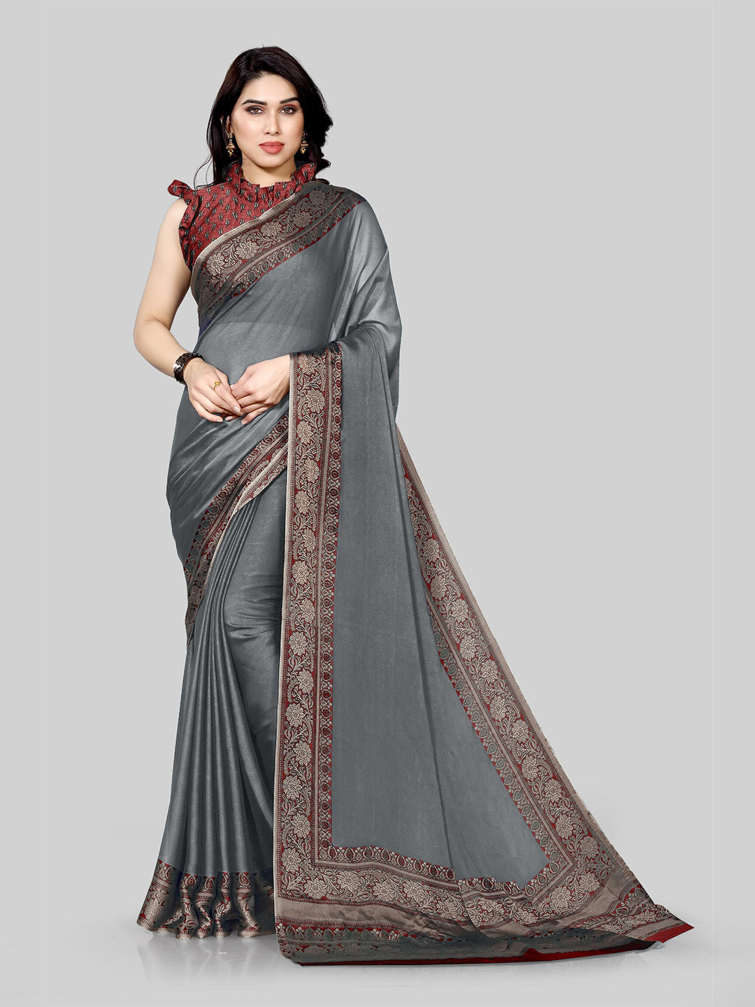 KALINI Grey & Maroon Woven Design Chiffon Bagh Saree