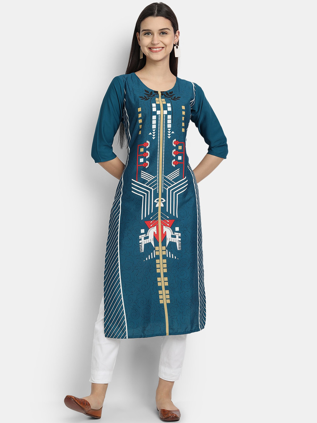 7Threads Woman Turquoise Blue Geometric Crepe Kurta