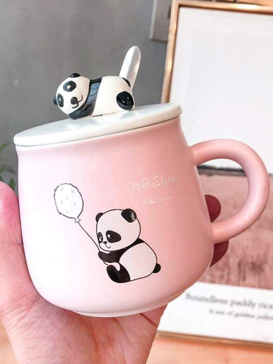 BonZeaL Pink Conversational Ceramic Hand-Painted Mug with Spoon and Lid-325ml