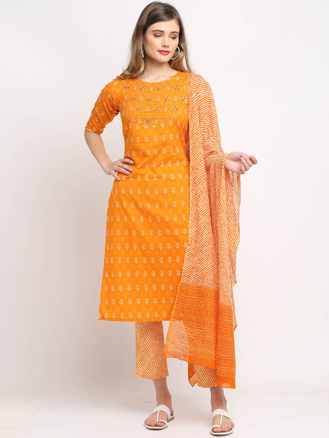 Roly Poly Women Orange Bandhani Printed Pure Cotton Kurta with Trousers & With Dupatta