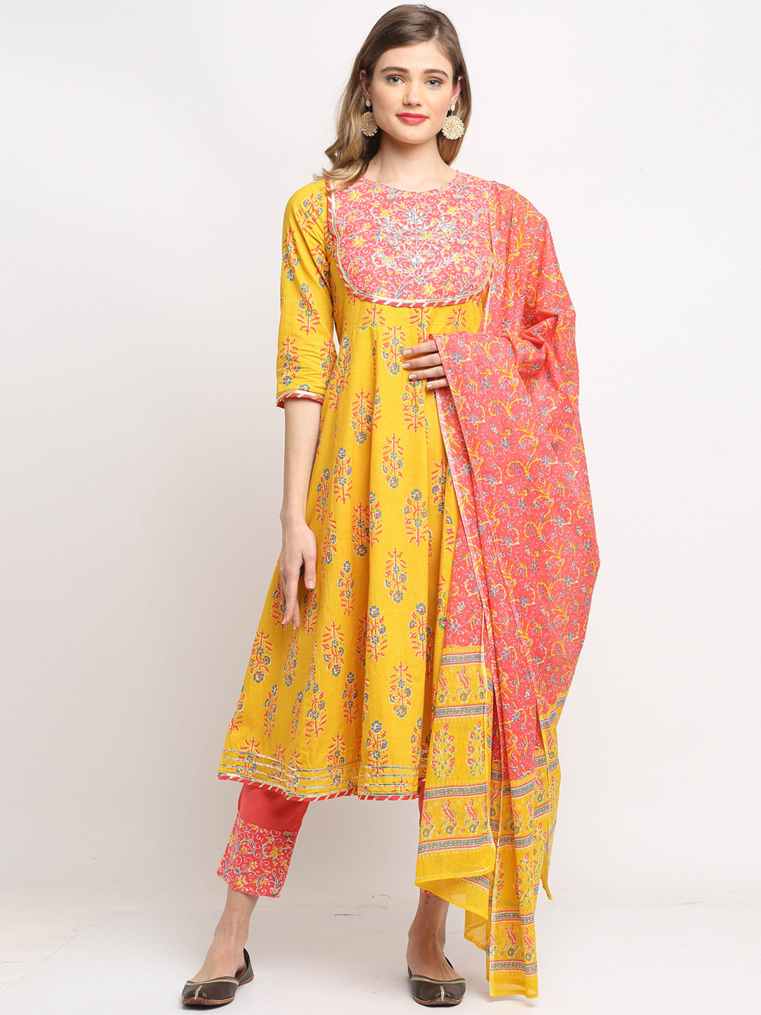 Roly Poly Women Yellow Yoke Design Pure Cotton Kurta with Trousers & Dupatta