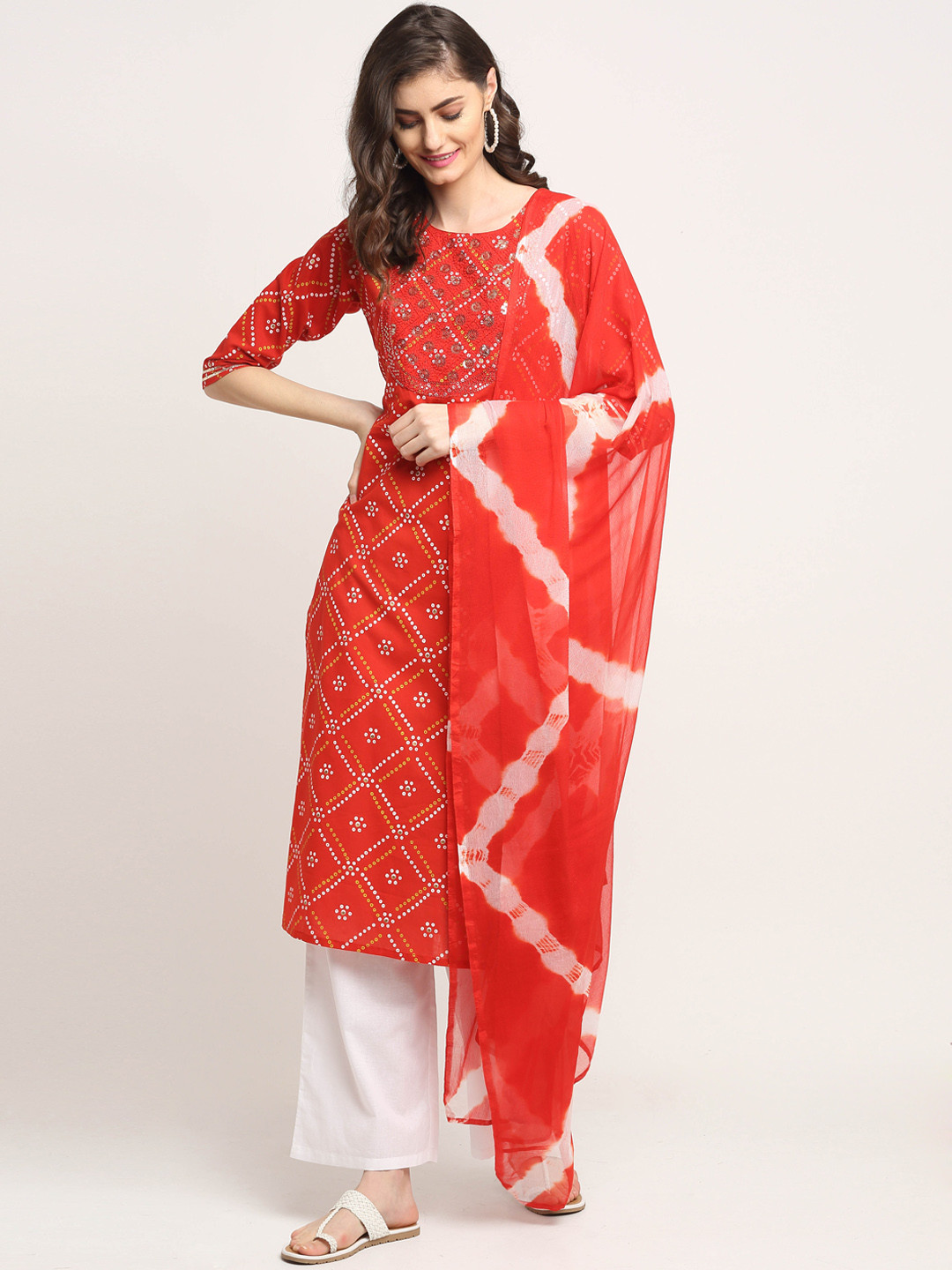 Roly Poly Women Red Ethnic Motifs Printed Sequinned Pure Cotton Kurta with Palazzos & With Dupatta