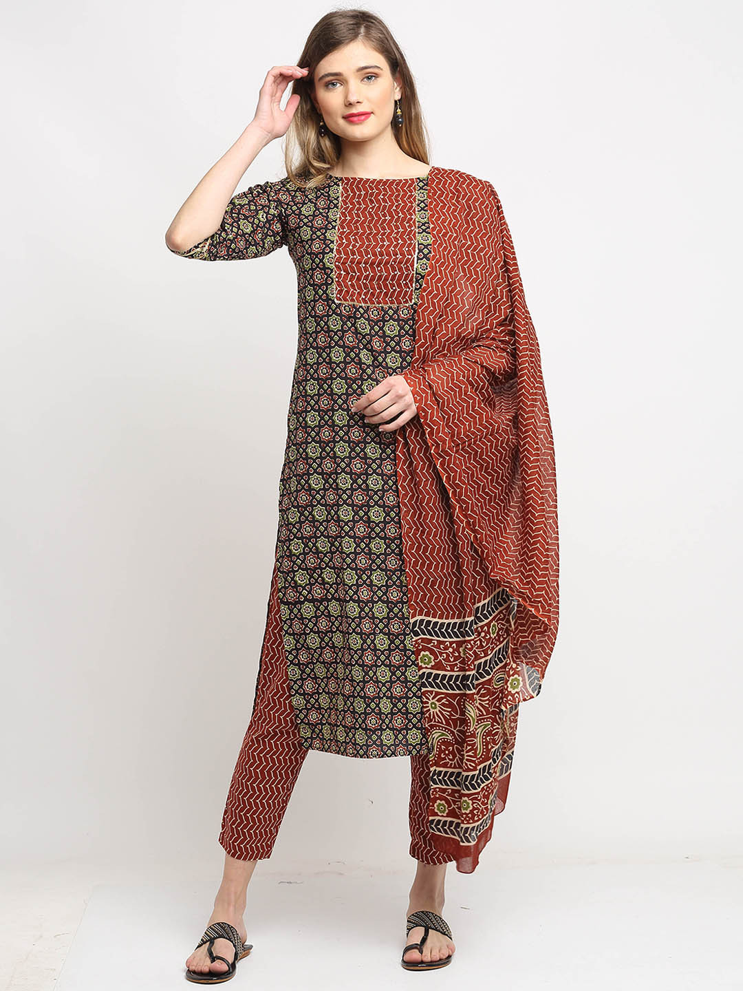 Roly Poly Women Red Floral Printed Sequinned Pure Cotton Kurta with Trousers & With Dupatta