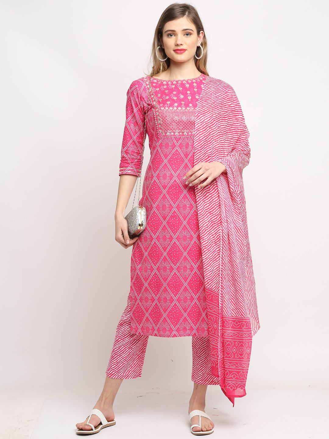 Roly Poly Women Pink Ethnic Motifs Printed Pure Cotton Kurta with Trousers & Dupatta