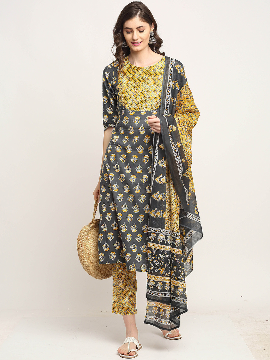 Roly Poly Women Grey Mirror Work Pure Cotton Kurta with Trousers & With Dupatta