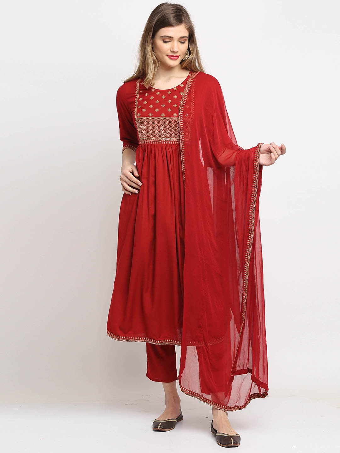 Roly Poly Women Maroon & Gold-Toned Yoke Design Kurta with Trousers & Dupatta