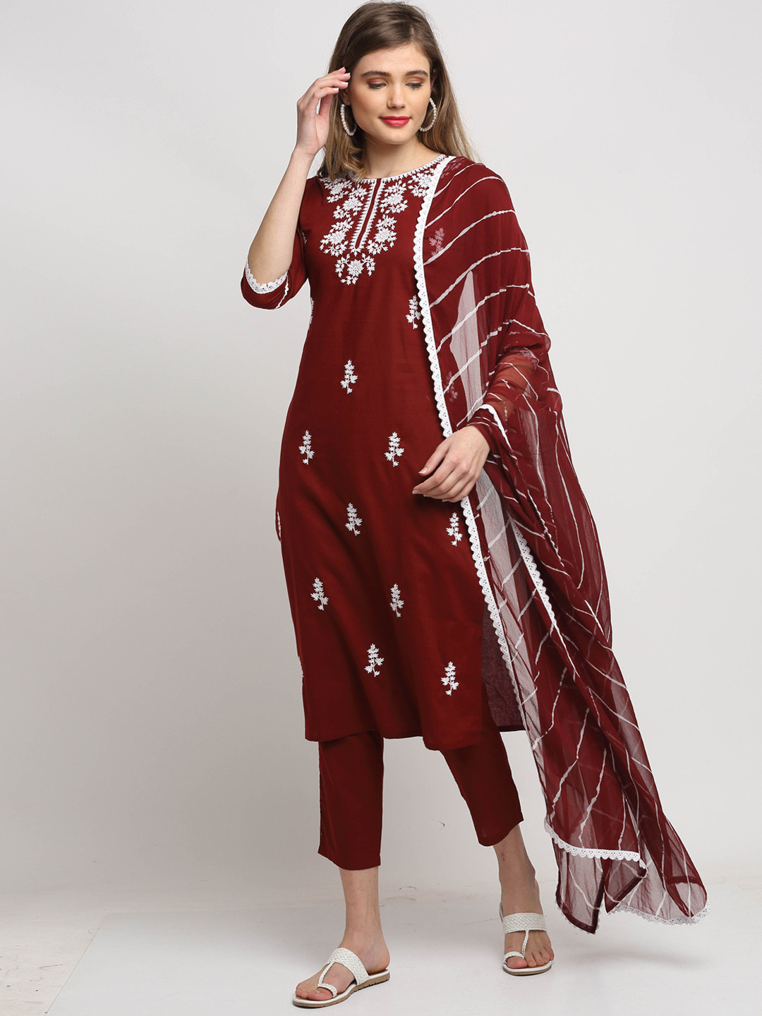 Roly Poly Women Maroon Ethnic Motifs Printed Pure Cotton Kurta with Palazzos & Dupatta