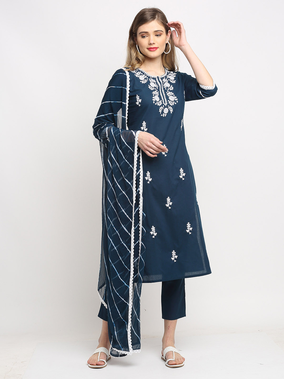 Roly Poly Women Navy Blue Embroidered Pure Cotton Kurta with Trousers & Dupatta