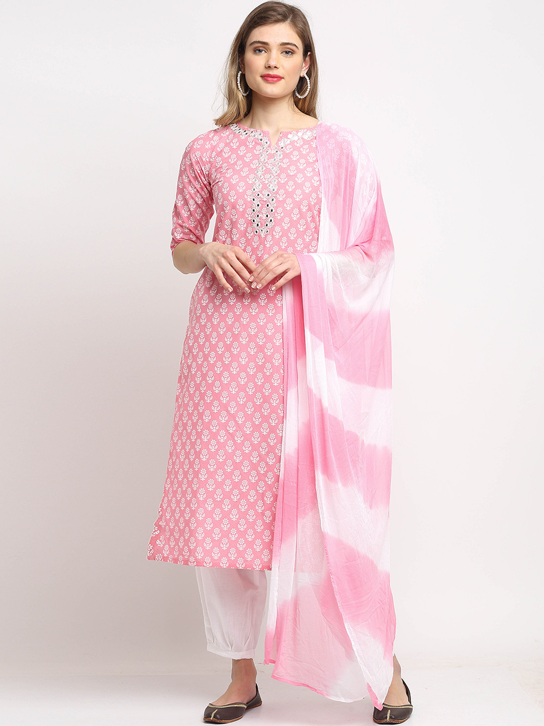 Roly Poly Women Pink Floral Printed Mirror Work Pure Cotton Kurta with Trousers & With Dupatta