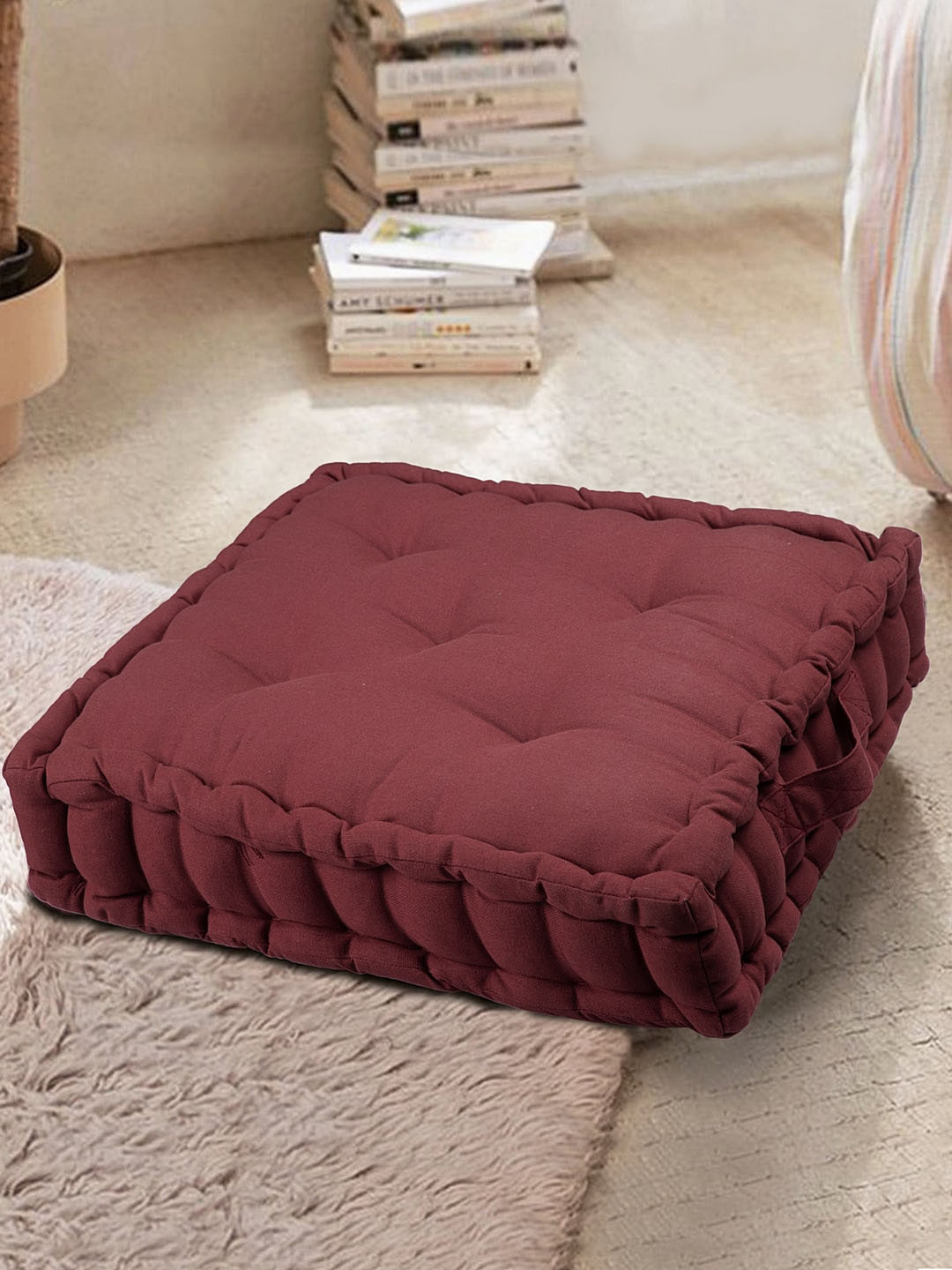 BLANC9 Maroon Solid Cotton Square Floor Cushion