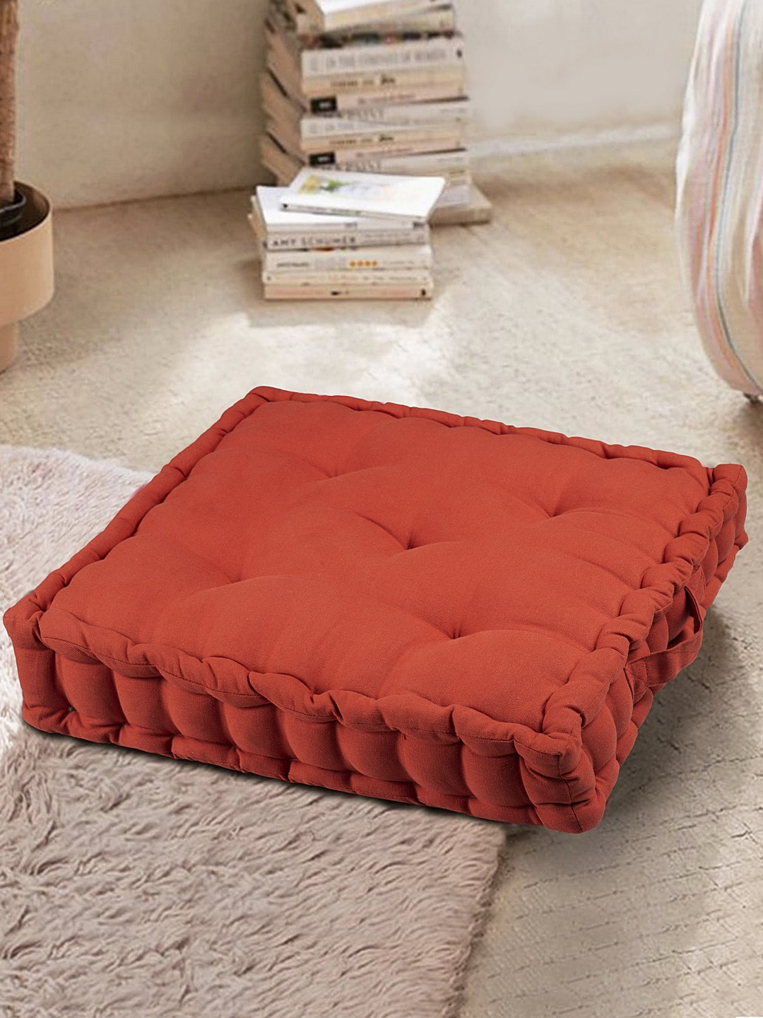 BLANC9 Red Solid Cotton Floor Cushion