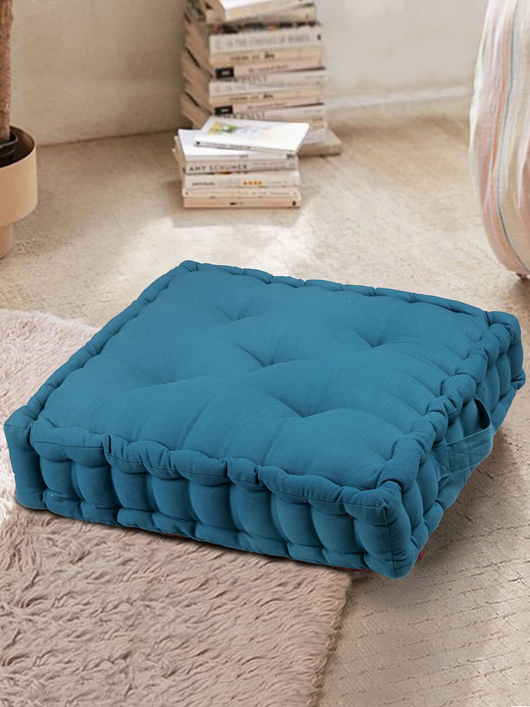 BLANC9 Blue Solid Matlas Cotton Square Floor Cushion