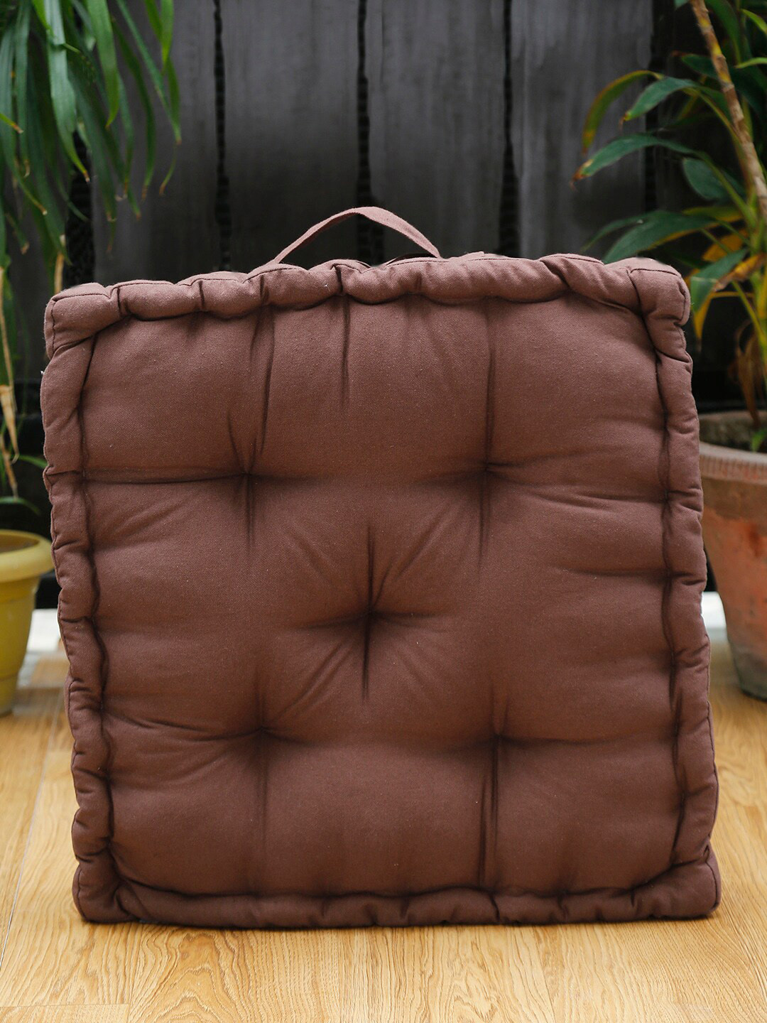 BLANC9 Brown Square Teakwood Matlas Floor Cushion