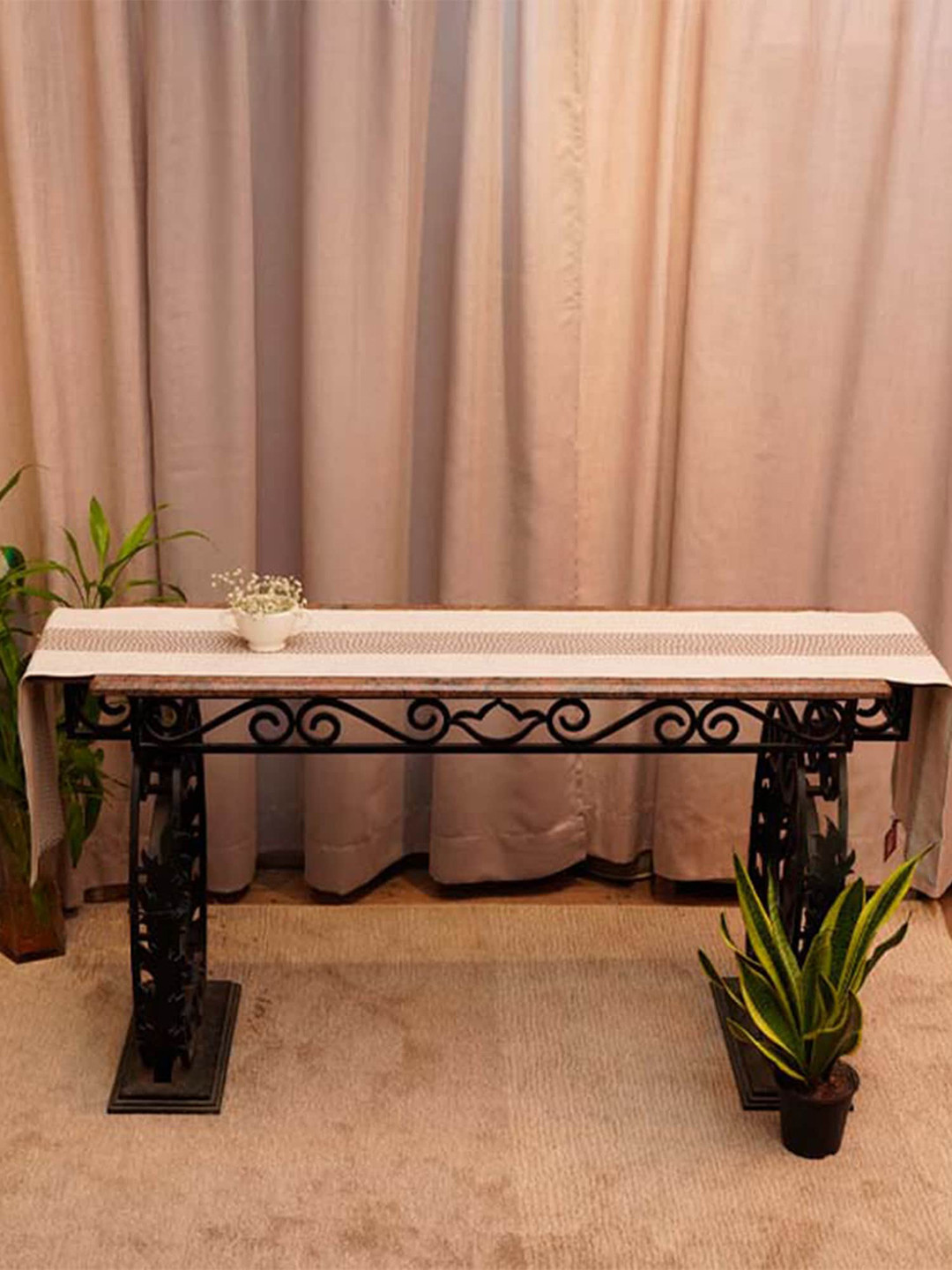 ZEBA Beige Solid 100% Cotton Embroidered 6 Seater Table Runner