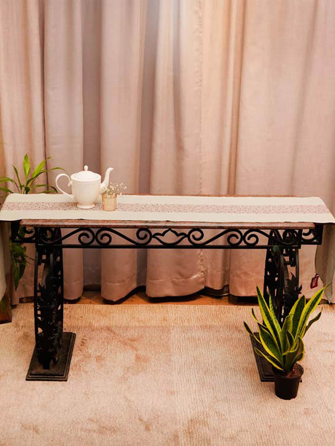 ZEBA Beige Embroidered Pure Cotton Table Runner