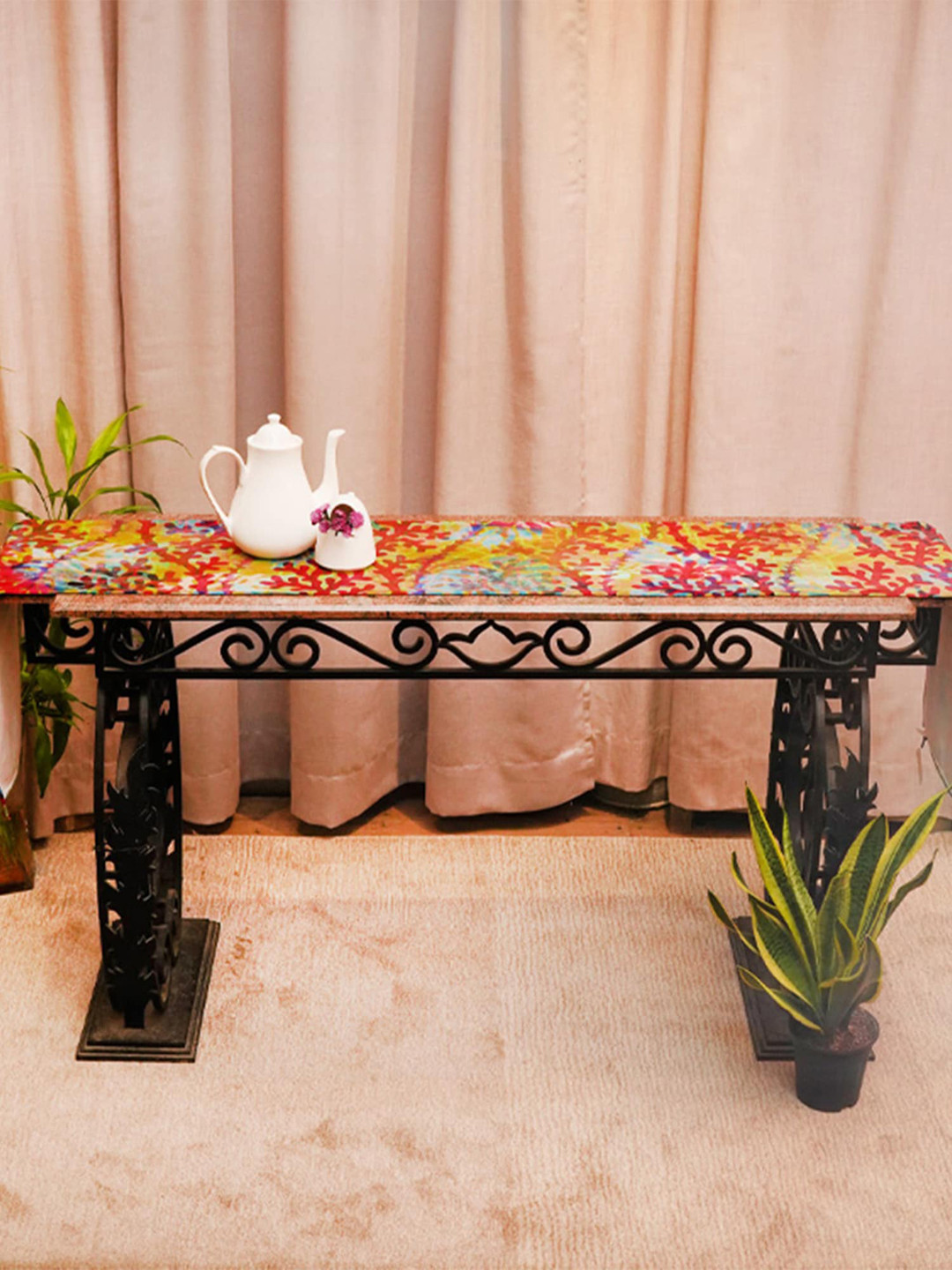 ZEBA Yellow & Red Abstract Printed 6-Seater Table Runner