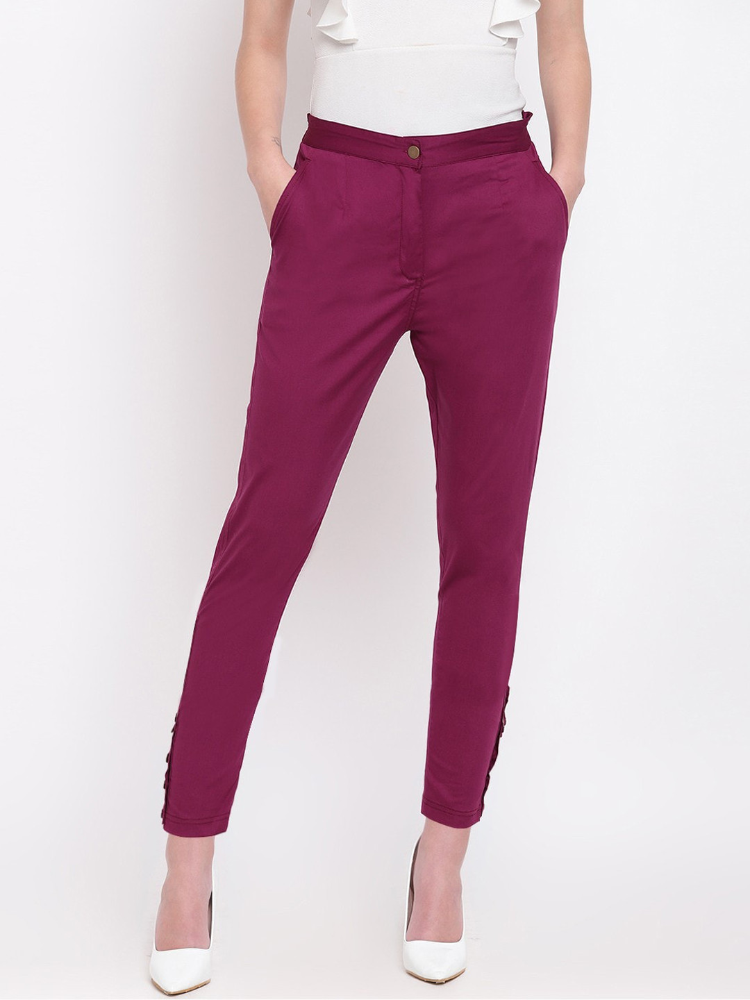 RIVI Women Magenta Slim Fit Pure Cotton Trousers