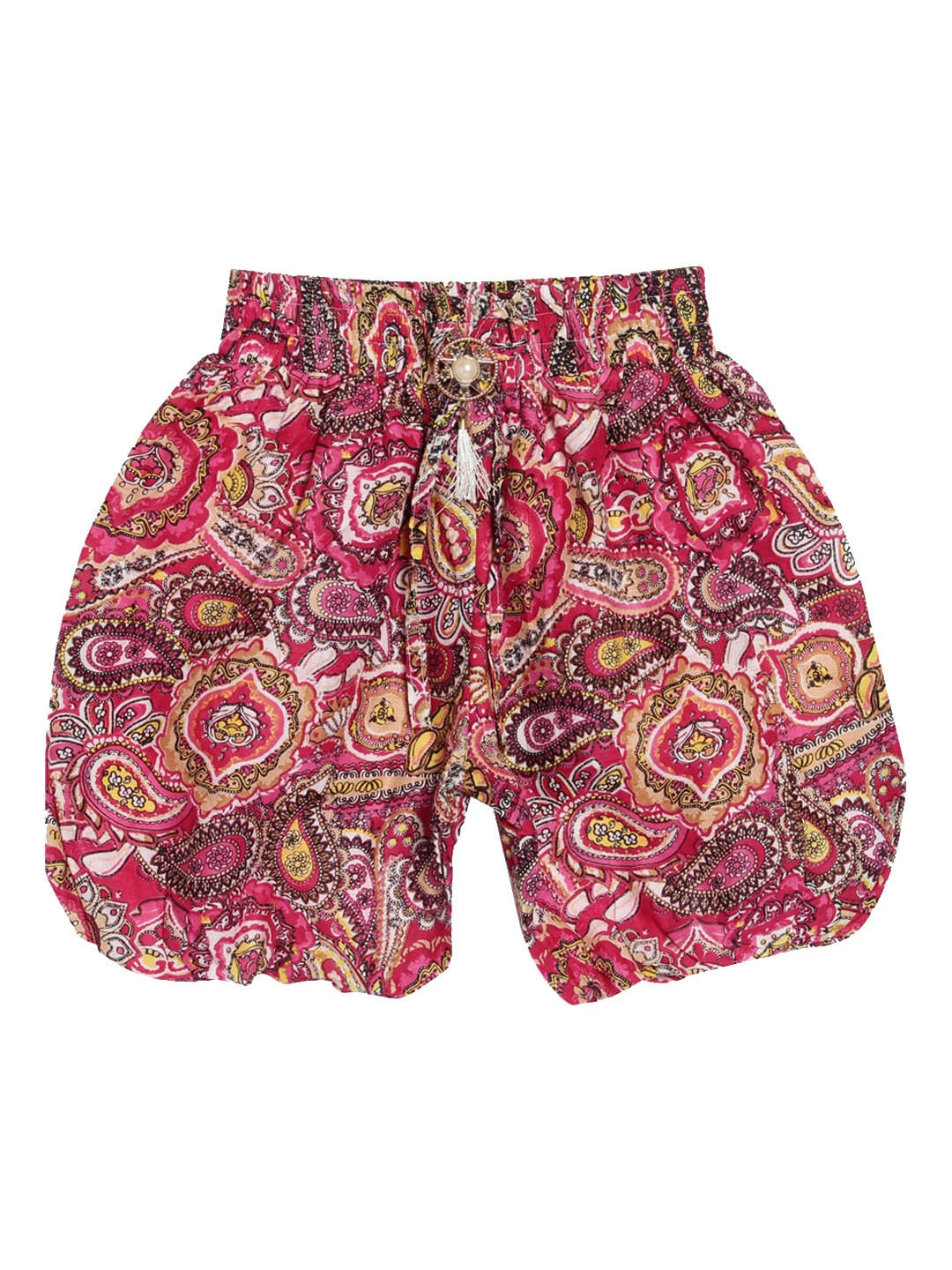 Fashionable Girls Pink Ethnic Motifs Printed Loose Fit Balloon Shorts With Brooch Detail