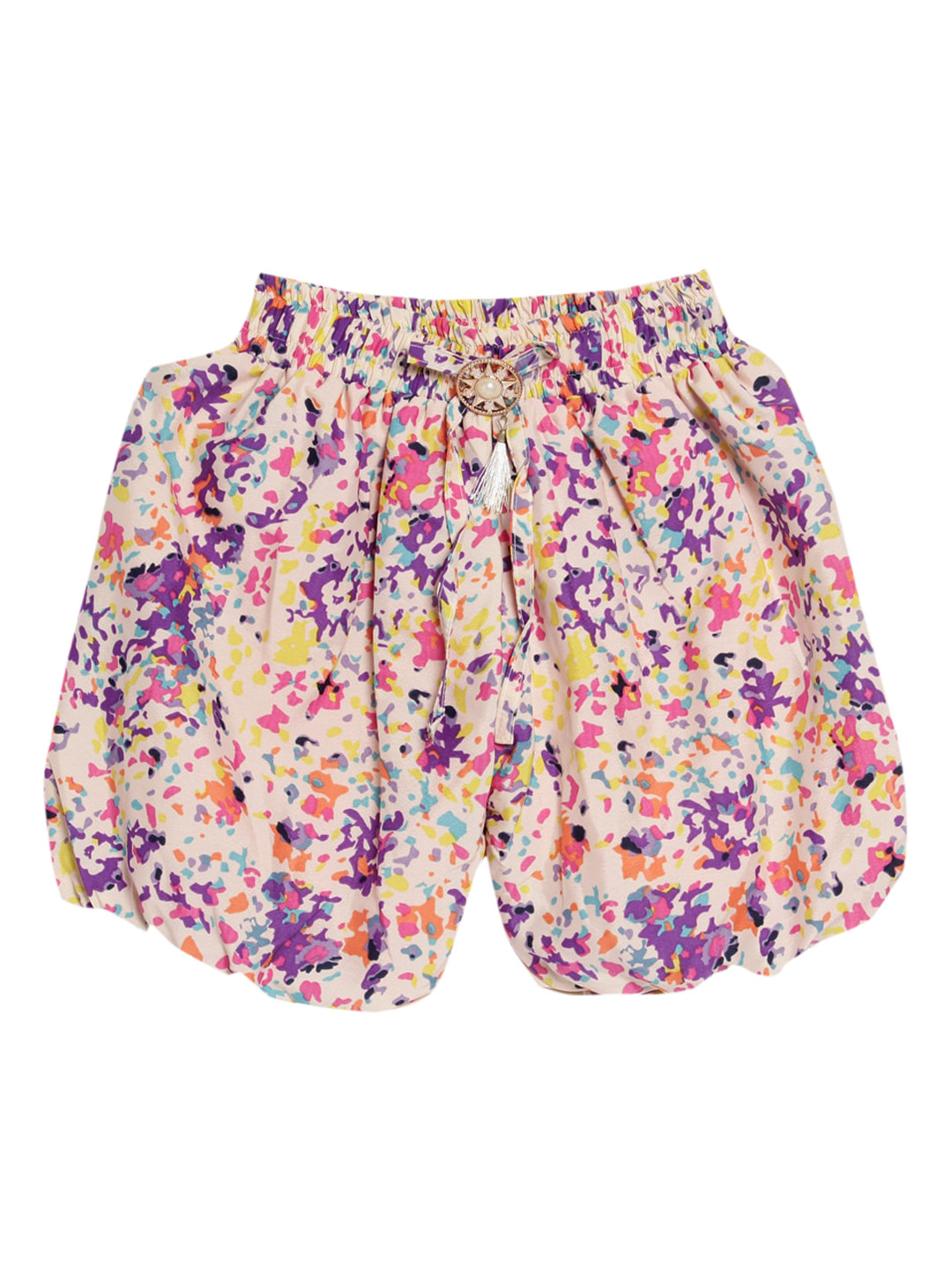 Fashionable Girls Multicoloured Abstract Printed Balloon Skirts With Brooch