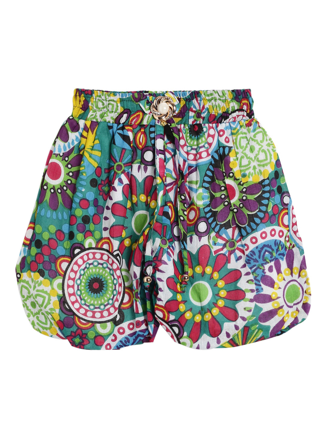 Fashionable Girls Green Ethnic Motifs Printed Balloon Skirts With Brooch