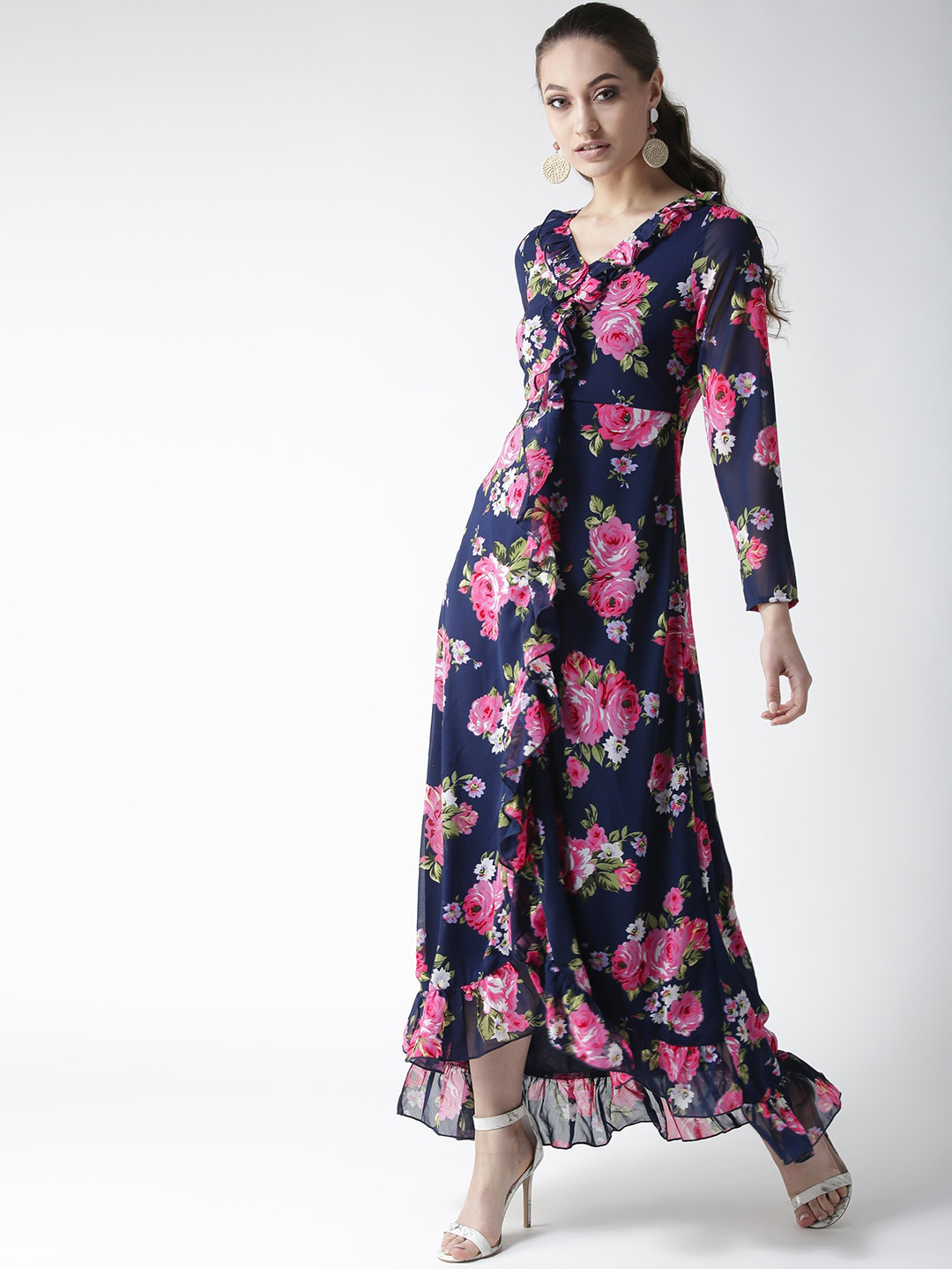 La Zoire Woman Navy Blue Floral Georgette Maxi Dress