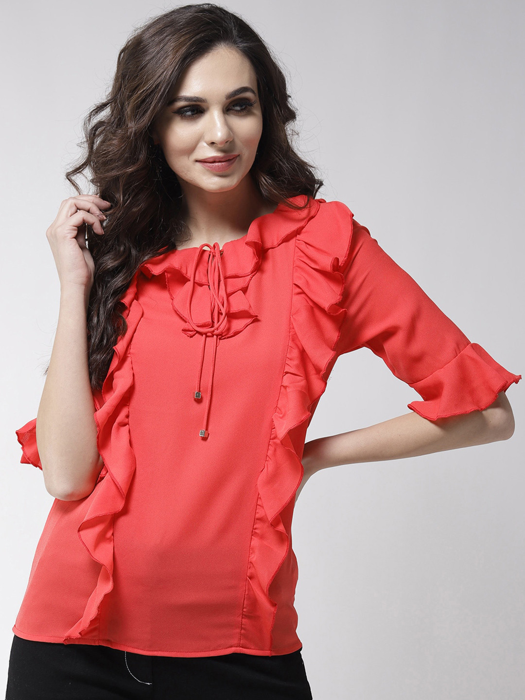 La Zoire Red Tie-Up Neck Georgette Top