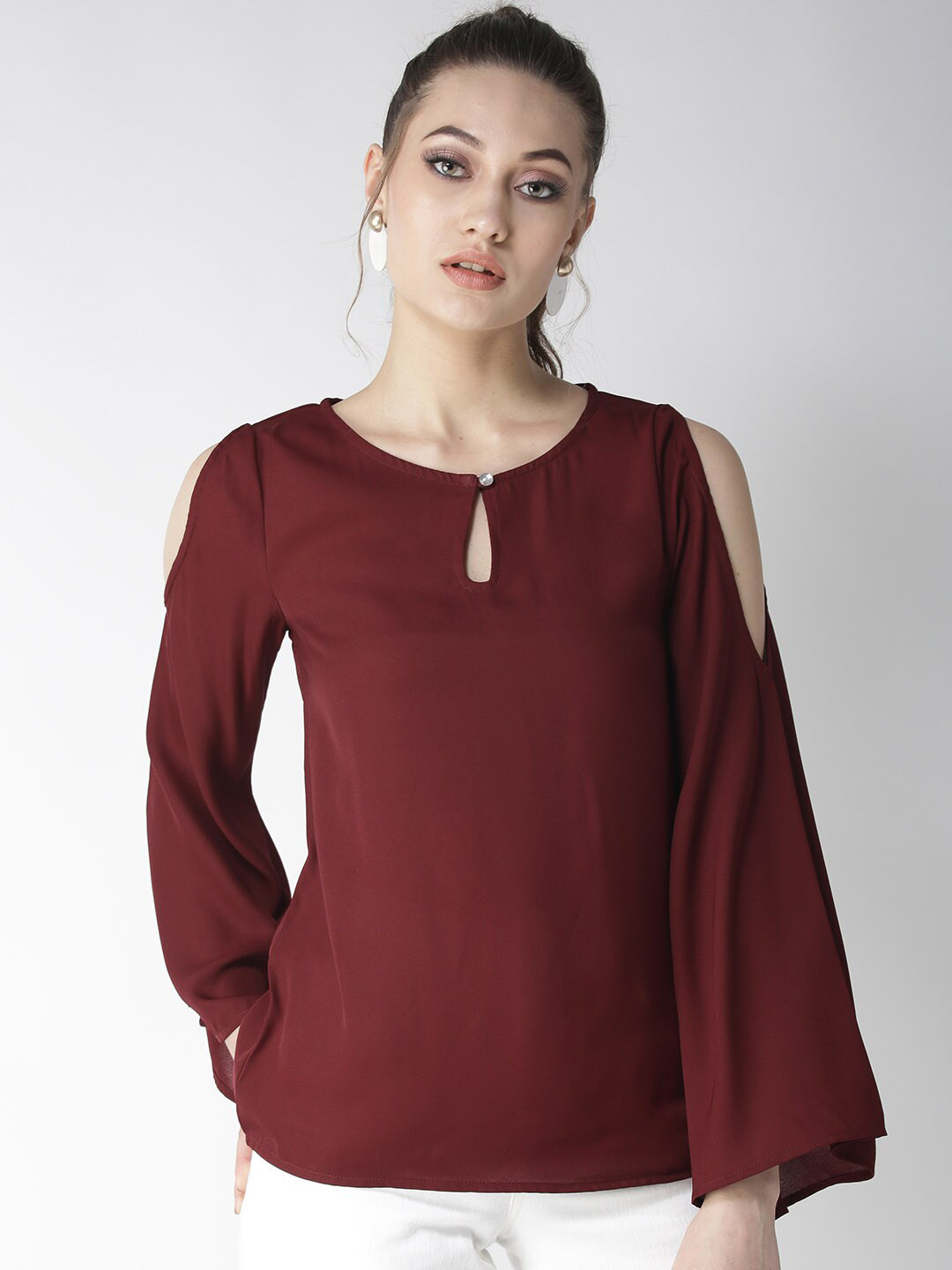 La Zoire Maroon Cold-Shoulder Sleeves Georgette Top