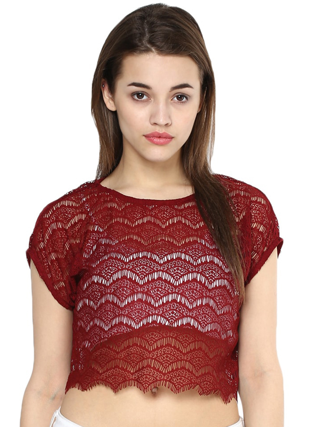 La Zoire Maroon Lace Inserts Extended Sleeves Pure Cotton Crop Top