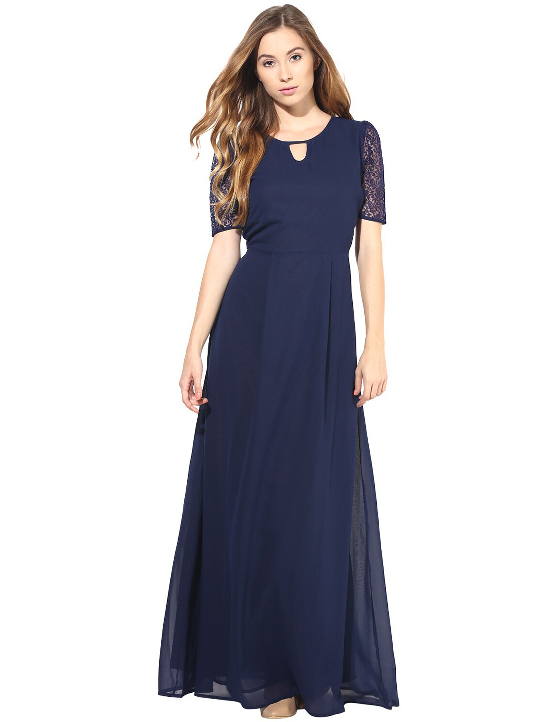 La Zoire Navy Blue Georgette Lace Maxi Dress
